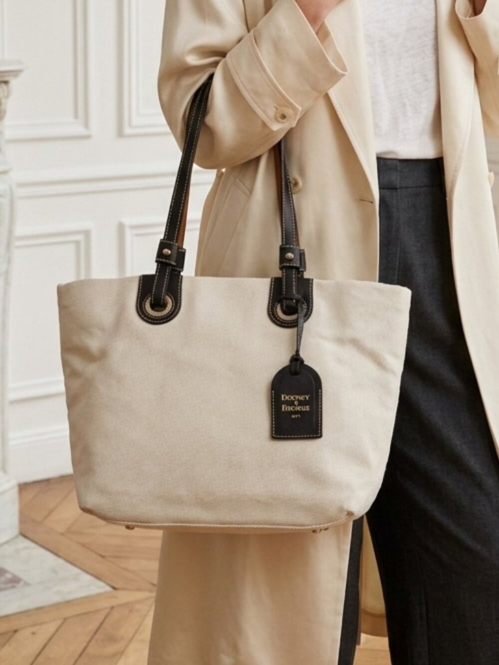 Dooney & Bourke Cream Canvas Tote with Black Leather Leather Handles